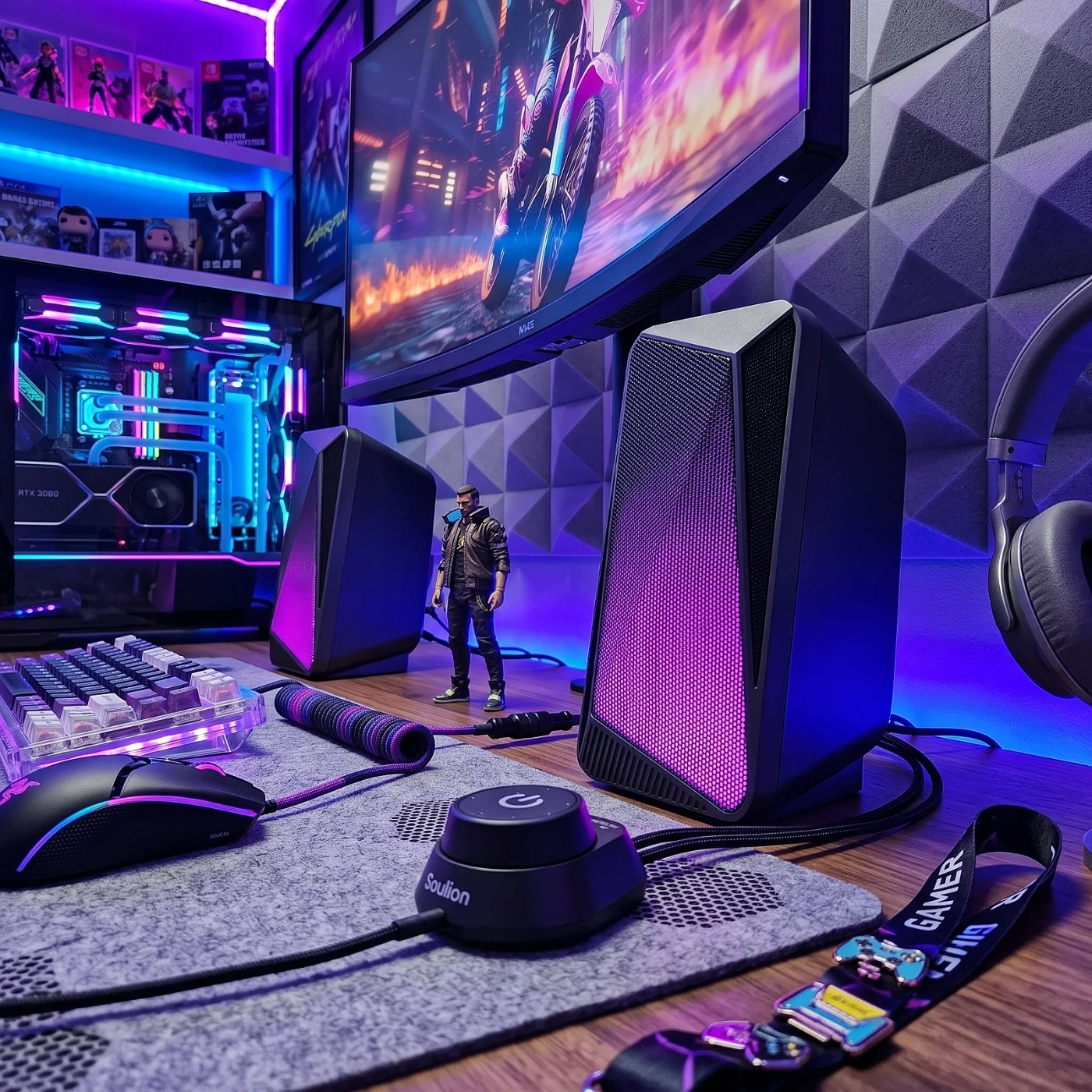 Altavoces SOULION C30 para PC: Sonido Claro con Efectos de Llama LED — en uso